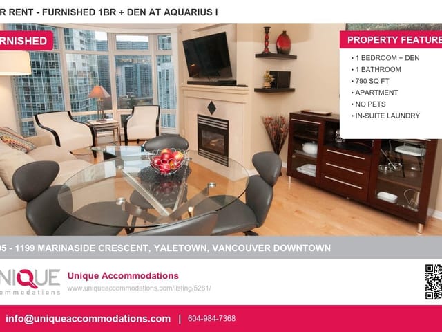 Apartment for rent in Vancouver, Vancouver West, 1605 1199 Marinaside Crescent, 263172769 | Realtylink.org